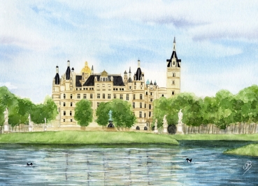 Postkarte DIN-A5 Aquarell Maritim Kunst Druck Kunstdruck Ostsee Schweriner Schloss  - Schlossgarten Ansicht - SCH2a